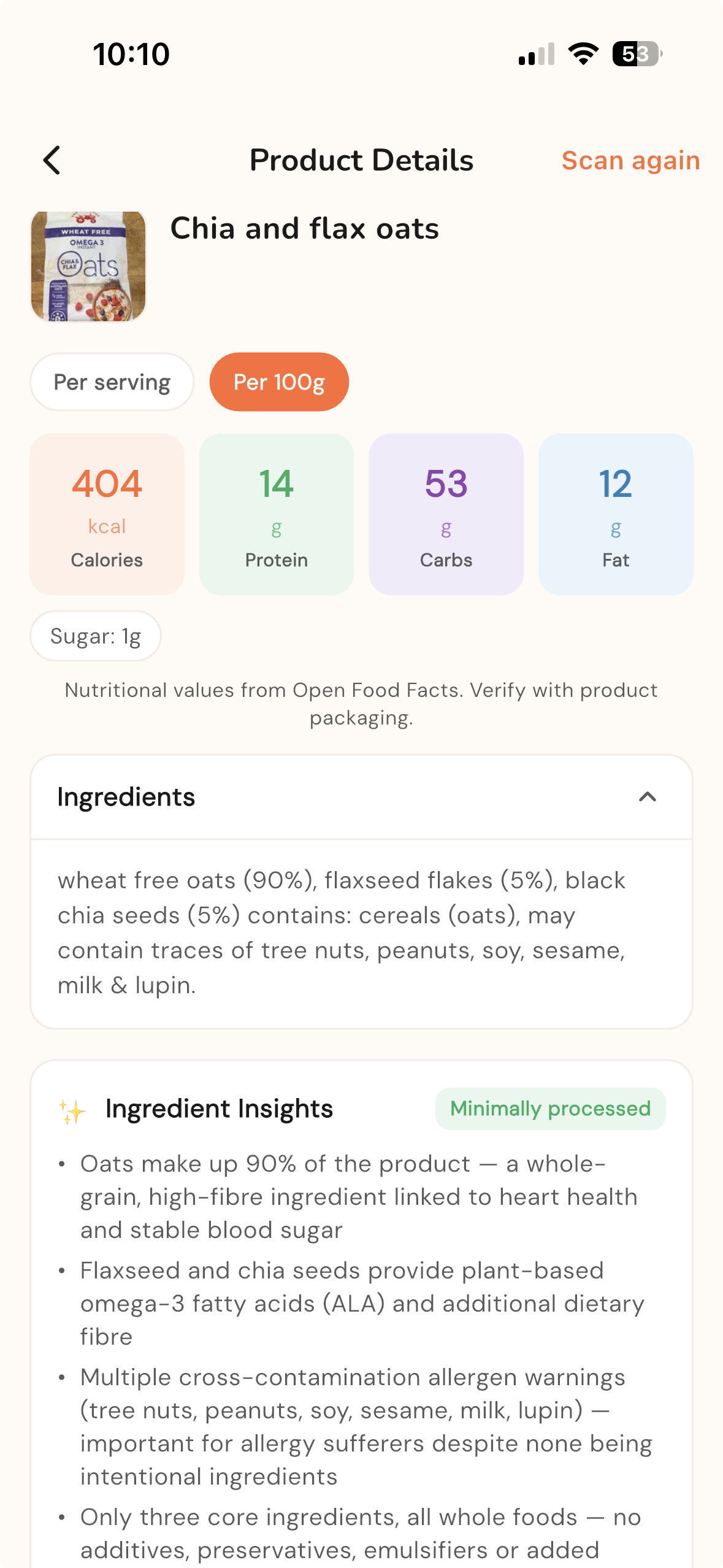 Frittu barcode scanner — scan packaged food for macros and allergen check