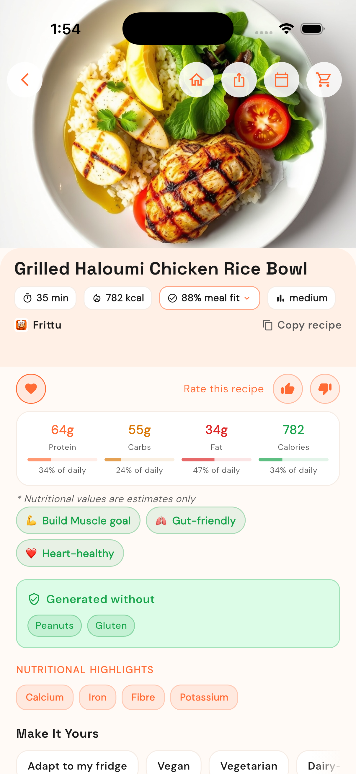 Frittu recipe detail — goal-fit percentage, macros, and from-fridge ingredients
