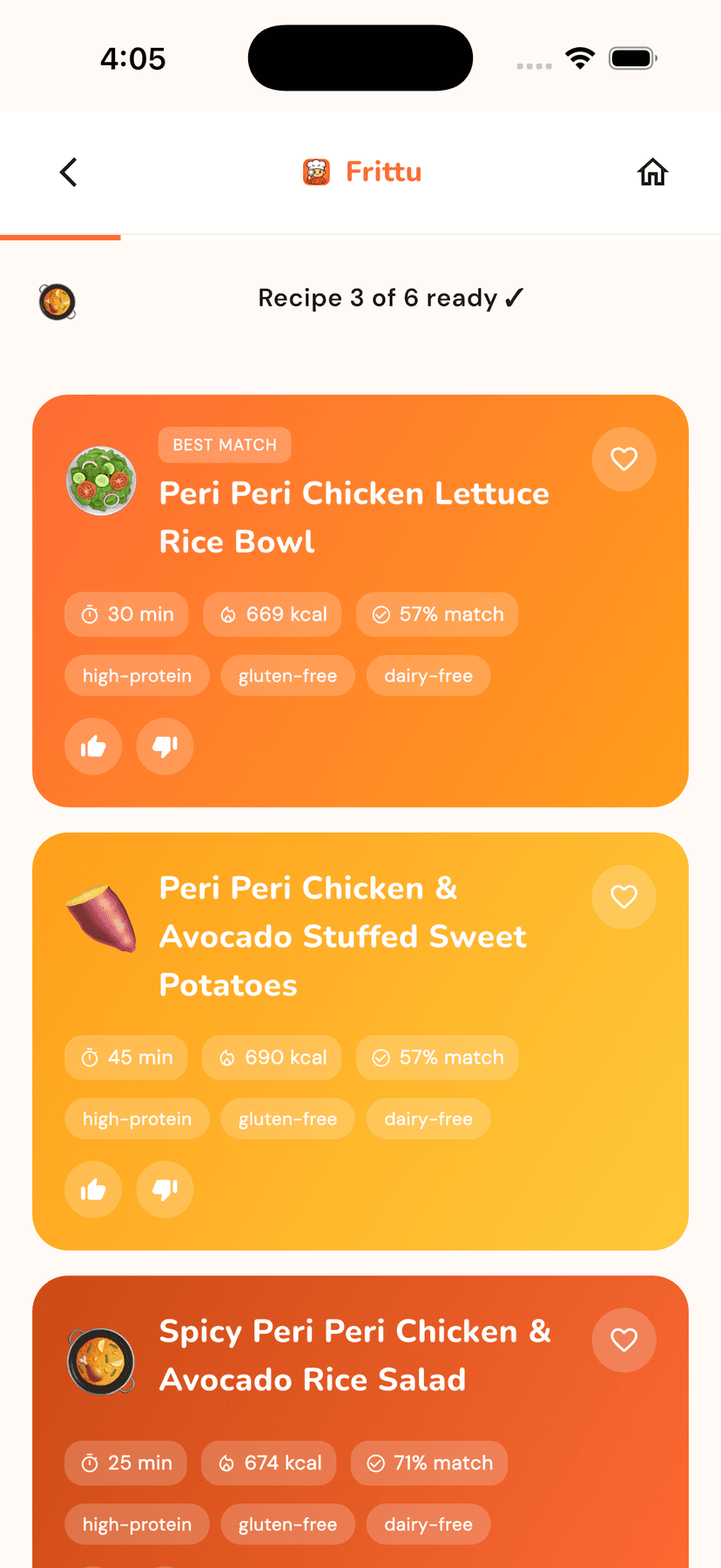 Frittu recipe results screen