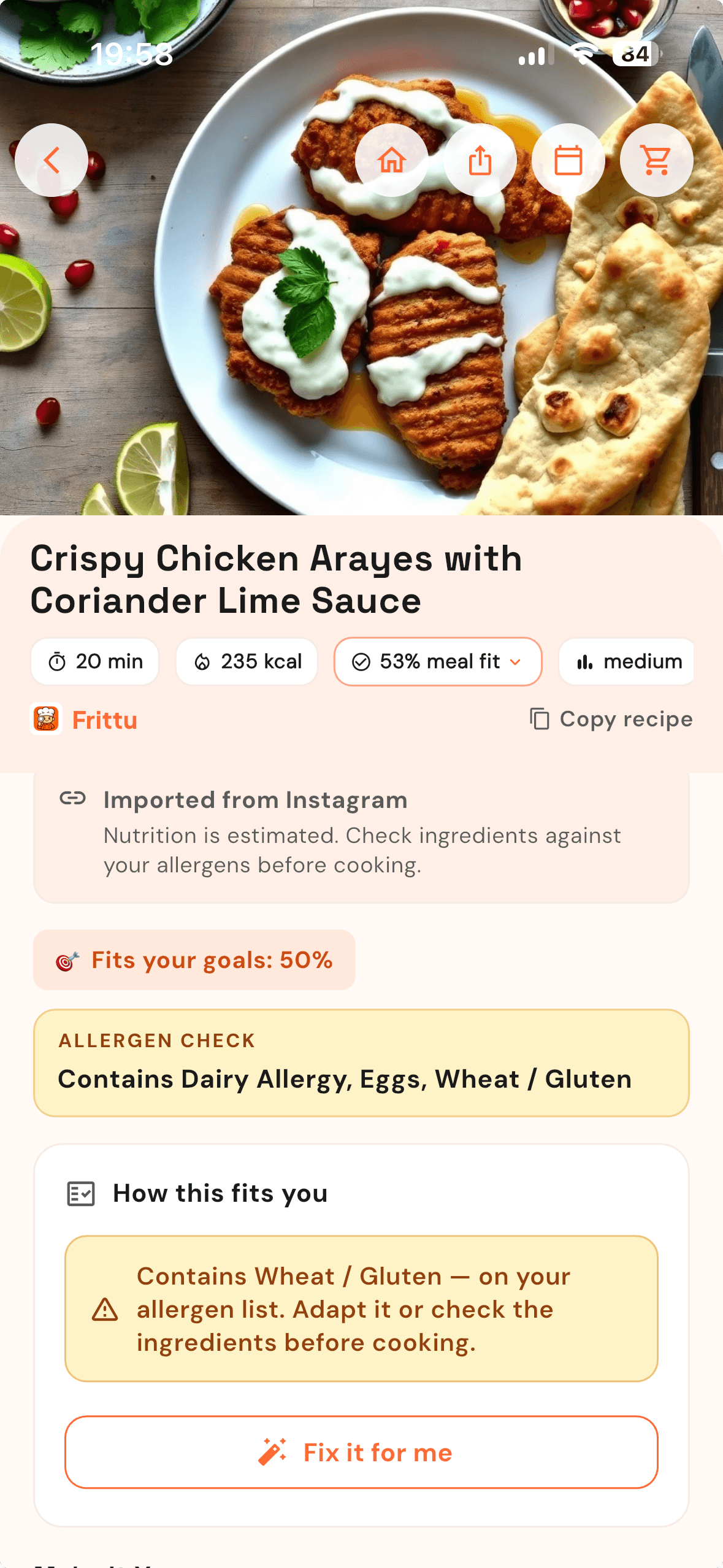A recipe imported from Instagram into Frittu, with macros and allergen check