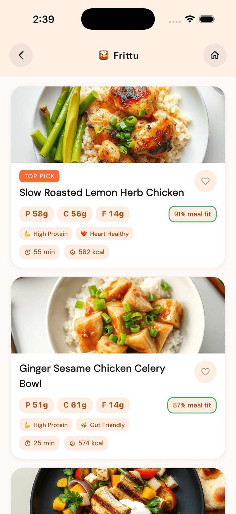 Frittu recipe results — personalised recipes with goal-fit score and macros