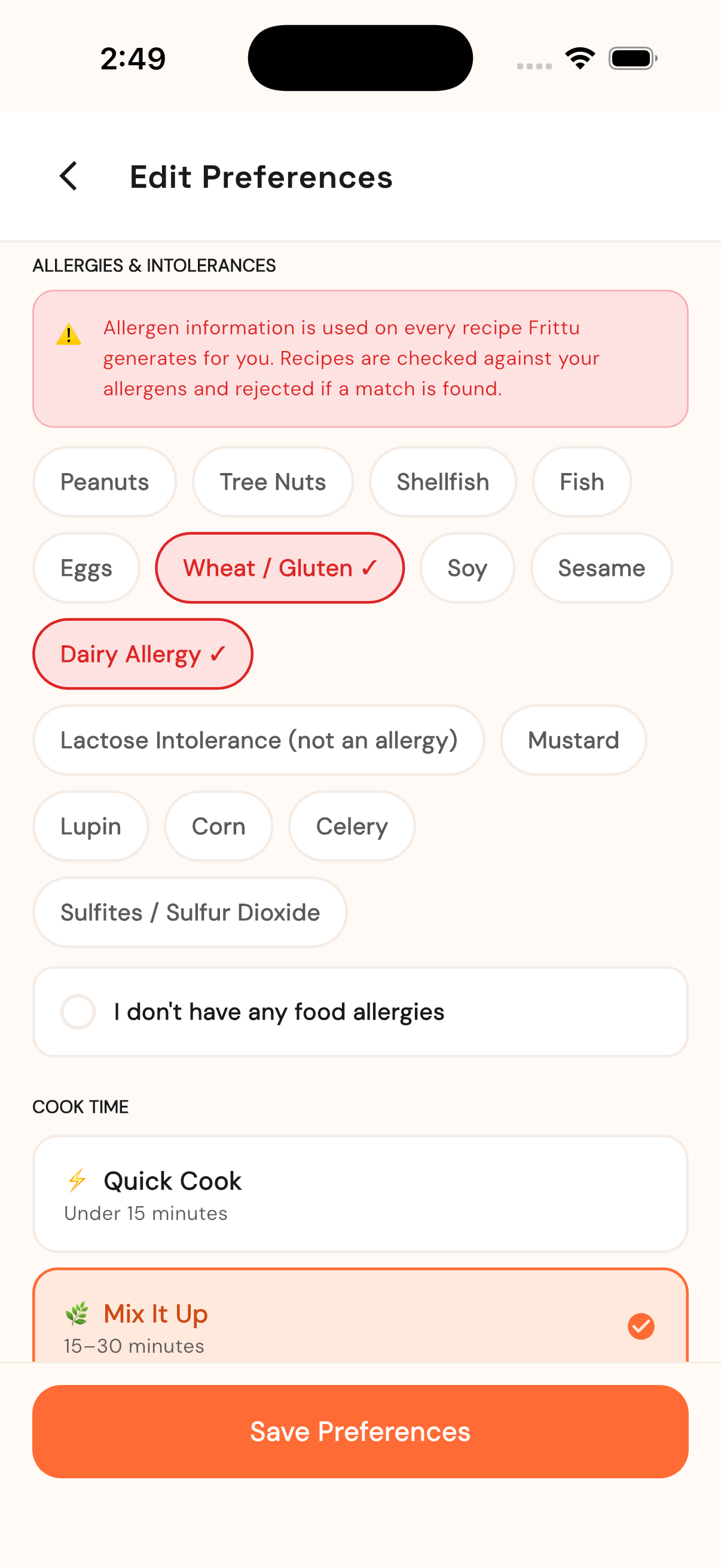 Frittu allergen filtering — recipes checked against your allergens on every generation